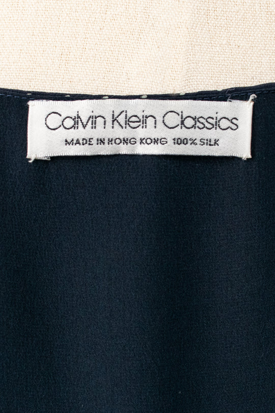 Calvin Klein | Blue & White Polka Dot Silk Dress | Vintage 80s | Size 8