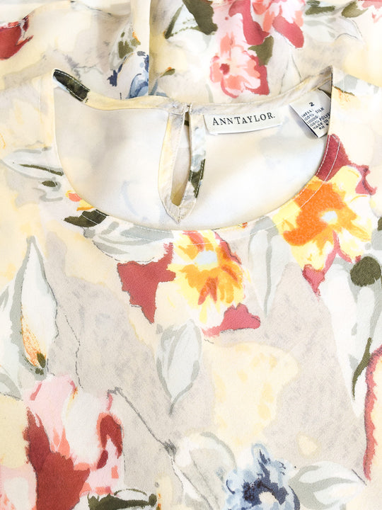 Ann Taylor Vintage Floral Dress, Cream Silk, 90s, Sz 2