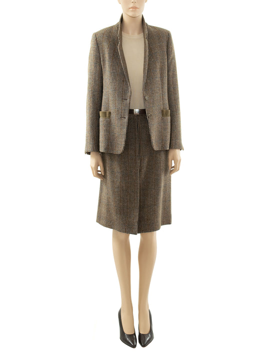 70s Forall Alpaca skirt suit shown on model with opened jacket and collar up.