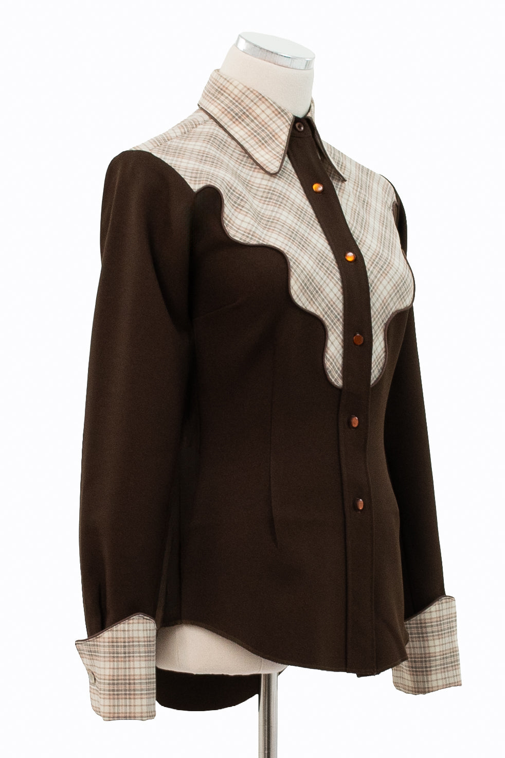 H BAR C Ranchwear Longtail Western Shirt, Brown Plaid, Size 30, 70s