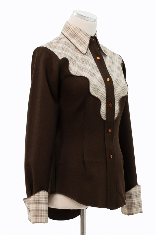 H BAR C Ranchwear Longtail Western Shirt, Brown Plaid, Size 30, 70s