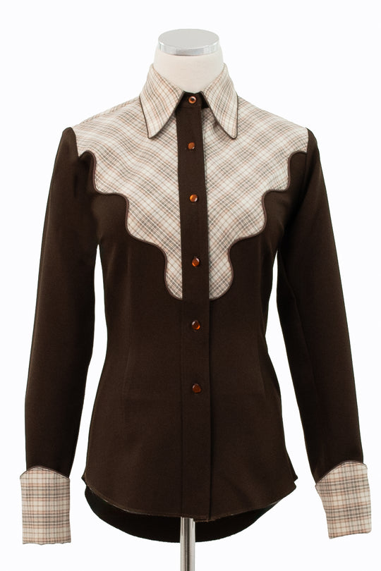 H BAR C Ranchwear Longtail Western Shirt, Brown Plaid, Size 30, 70s