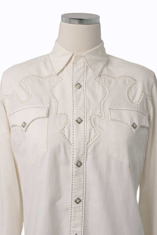 Ralph Lauren Blue Label Western Shirt | Cream Pick Stitch | Vintage 90s | Size 8