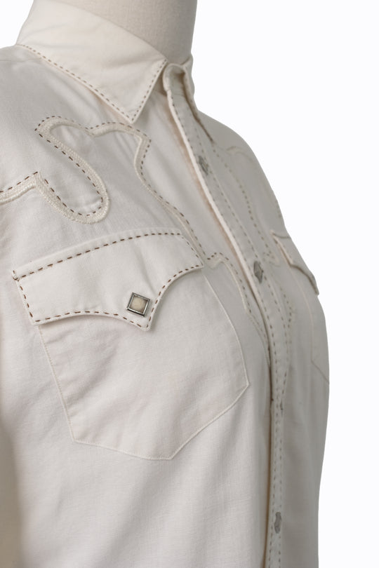 Ralph Lauren Blue Label Western Shirt | Cream Pick Stitch | Vintage 90s | Size 8